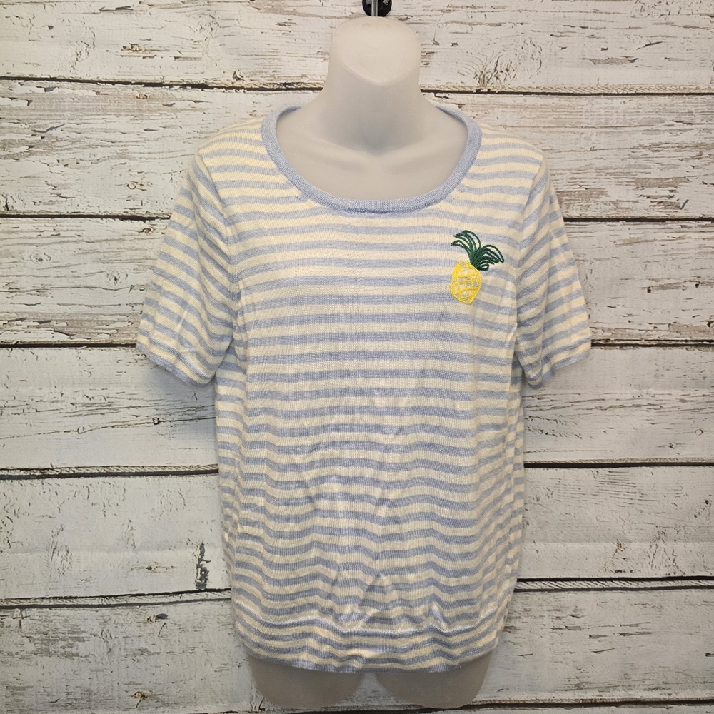 J. Crew Striped Top with Pineapple Embroidery - Blue and White Extra Large